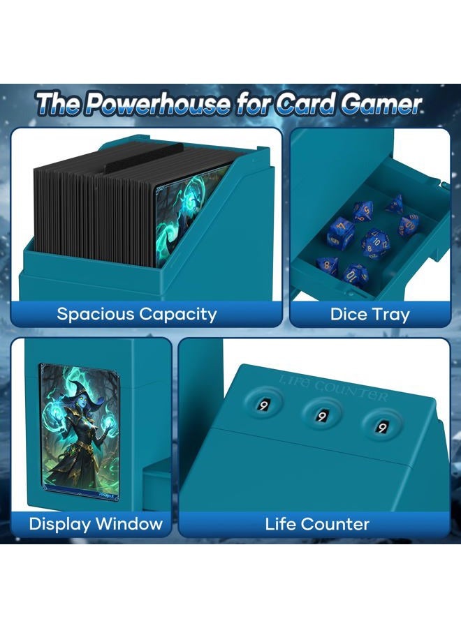Proijeut Mtg Deck Box with Life Counter, Commander Deck Box Fits 100 Double-Sleeved Cards, Magic Card Storage Box with Commander Display & Dice Tray, Fit for MTG, TCG, CCG (Teal) - Image 2