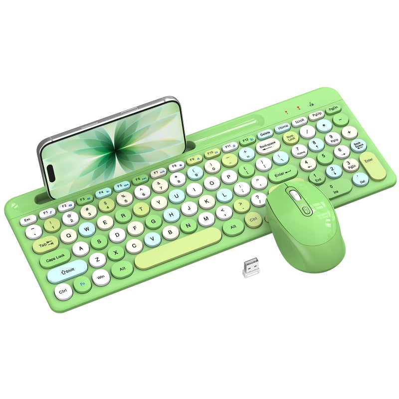 EDJO Green Colorful Wireless Keyboard and Mouse Combo - Round Keycaps, 2.4GHz Retro Typewriter Keyboard with Phone Holder, Cute Compact USB Keyboard and Mouse for Computer Laptop PC Desktop Windows - Image 1