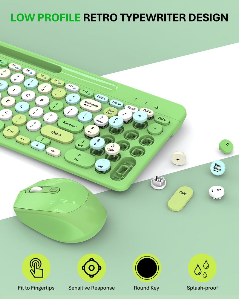 EDJO Green Colorful Wireless Keyboard and Mouse Combo - Round Keycaps, 2.4GHz Retro Typewriter Keyboard with Phone Holder, Cute Compact USB Keyboard and Mouse for Computer Laptop PC Desktop Windows - Image 2