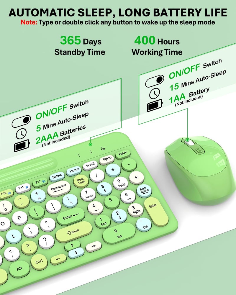 EDJO Green Colorful Wireless Keyboard and Mouse Combo - Round Keycaps, 2.4GHz Retro Typewriter Keyboard with Phone Holder, Cute Compact USB Keyboard and Mouse for Computer Laptop PC Desktop Windows - Image 5