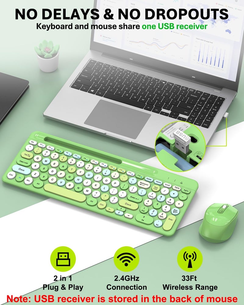 EDJO Green Colorful Wireless Keyboard and Mouse Combo - Round Keycaps, 2.4GHz Retro Typewriter Keyboard with Phone Holder, Cute Compact USB Keyboard and Mouse for Computer Laptop PC Desktop Windows - Image 4