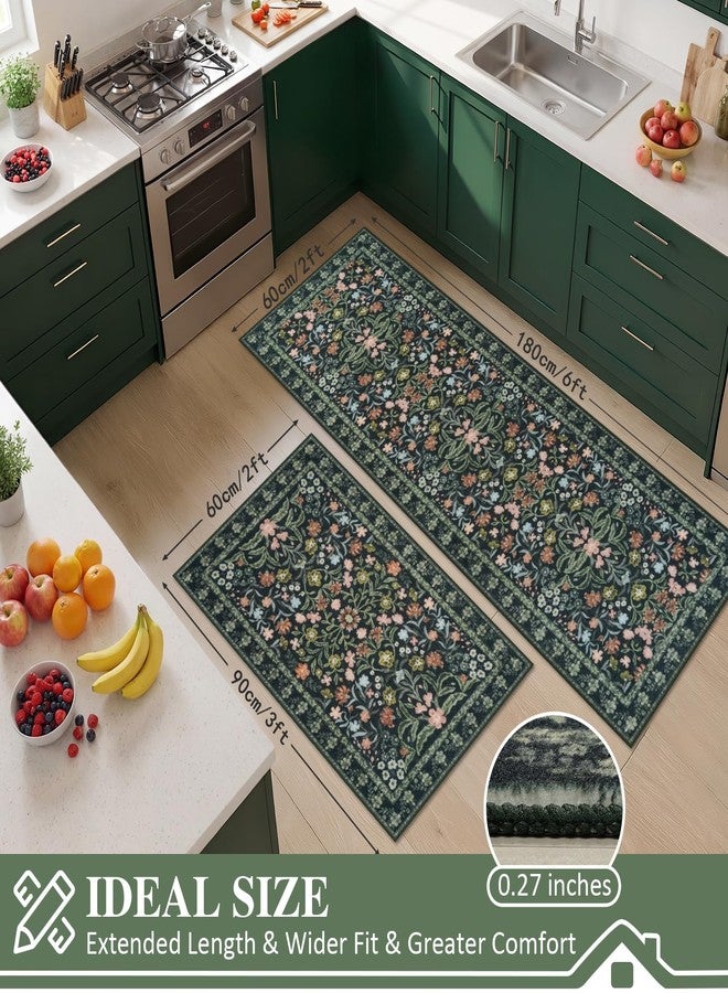 Homcomoda Kitchen Mats for Floor 2PCS, 24"x36"+24"x71" Extra Large Non Slip Washable Kitchens Sink Rug, Vintage Floral Rugs Comfort Standing Mat for Hallways, Entryway,Laundry, Office, Green - Image 2