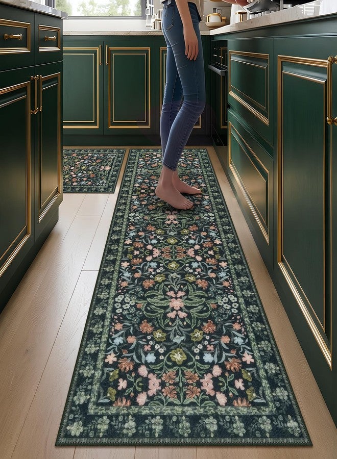 Homcomoda Kitchen Mats for Floor 2PCS, 24"x36"+24"x71" Extra Large Non Slip Washable Kitchens Sink Rug, Vintage Floral Rugs Comfort Standing Mat for Hallways, Entryway,Laundry, Office, Green - Image 1