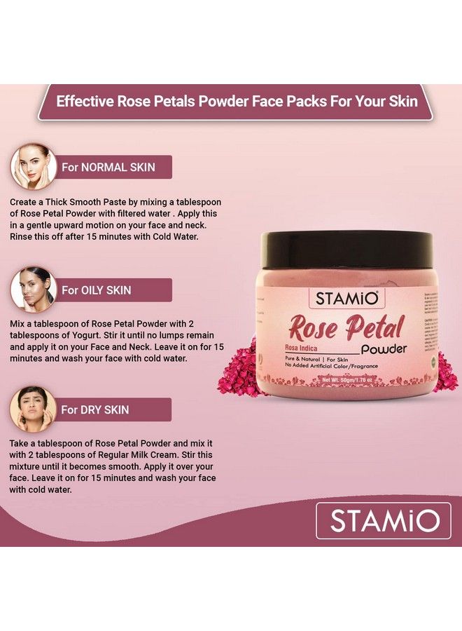 STAMIO Rose Petals Powder For Face Pack Skin Care Mask Diy ; Sun Dried Gulab Patti ; Pure Natural Rosa Indica ; Suitable For All Skin Types Men & Women ; In Jar 50 Gm - Image 5