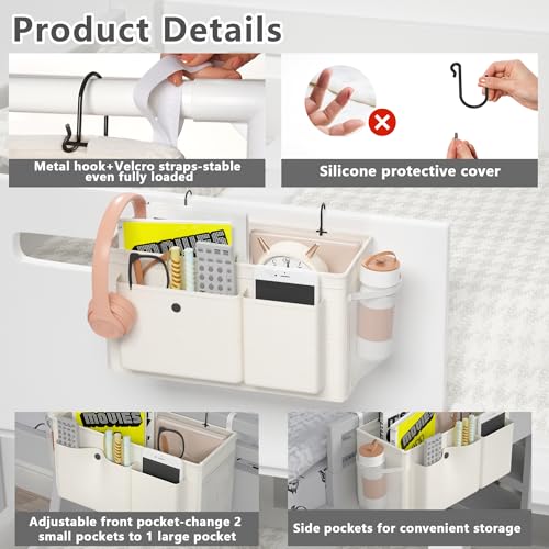 Edudif Bedside Caddy Bedside Organizer with Fixed Straps & Water Bottle Holder, Bunk Bed Caddy ideal for Home, Dorm, Hospital, Crib, Versatile Bedside Storage Solution (White) - Image 4
