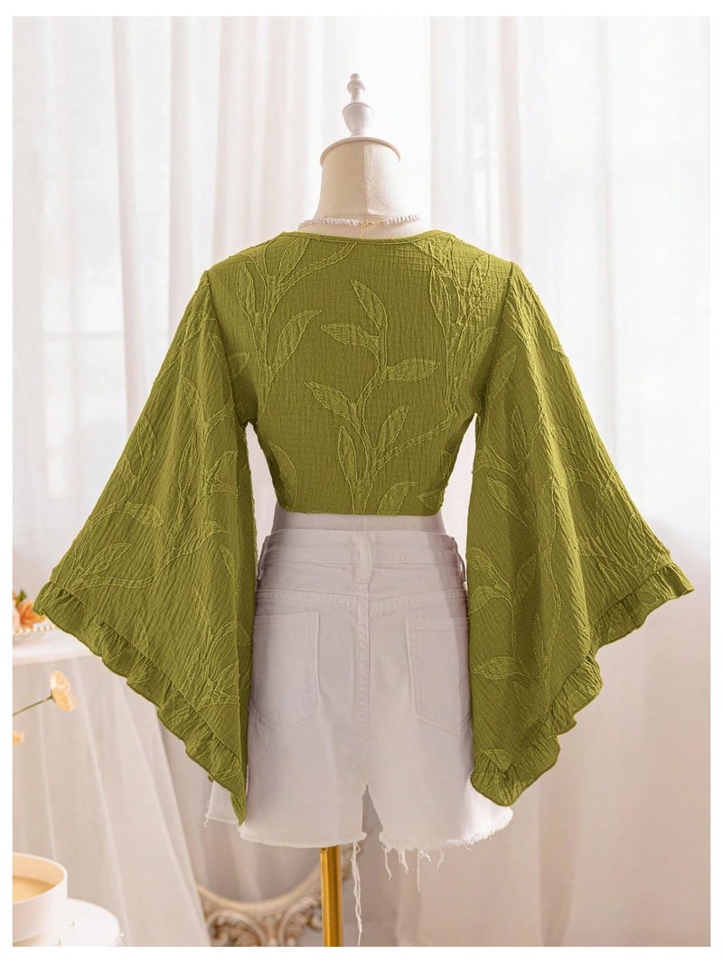 BEAUDRM Women's Boho Tops Wrap Western Country Concert 70s Outfits Tie Front Long Bell Sleeve Tops Hippie Disco Clothes Green Medium - Image 3