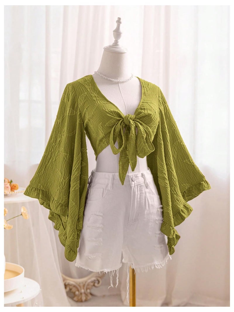 BEAUDRM Women's Boho Tops Wrap Western Country Concert 70s Outfits Tie Front Long Bell Sleeve Tops Hippie Disco Clothes Green Medium - Image 5