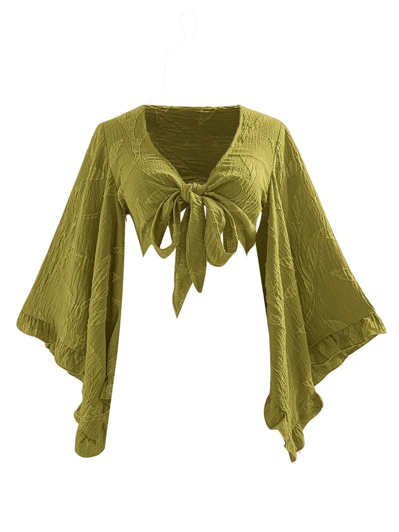 BEAUDRM Women's Boho Tops Wrap Western Country Concert 70s Outfits Tie Front Long Bell Sleeve Tops Hippie Disco Clothes Green Medium - Image 1
