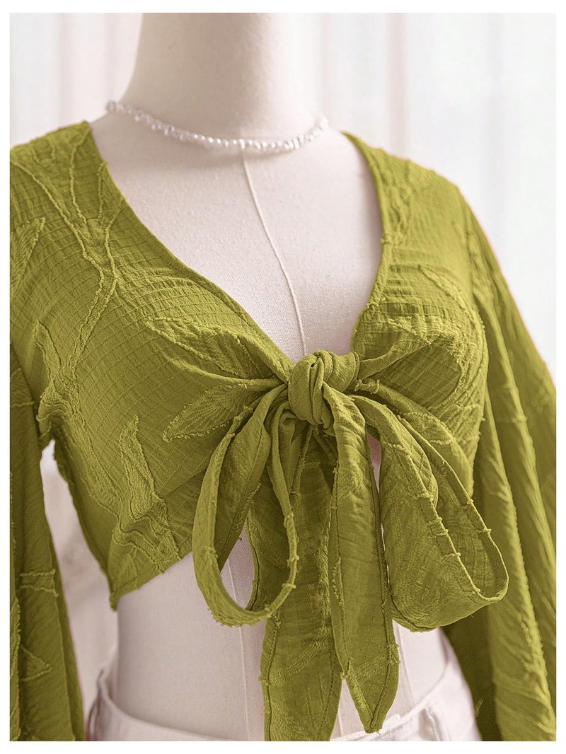 BEAUDRM Women's Boho Tops Wrap Western Country Concert 70s Outfits Tie Front Long Bell Sleeve Tops Hippie Disco Clothes Green Medium - Image 4