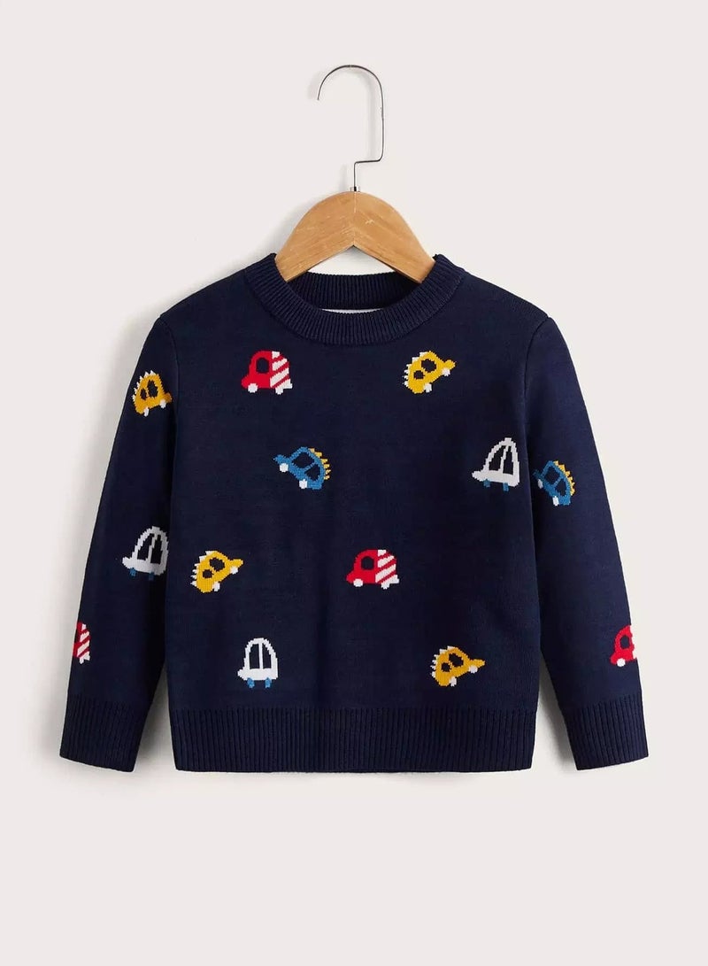 Toddler Boys Car Pattern Crew Neck Sweater - Image 1