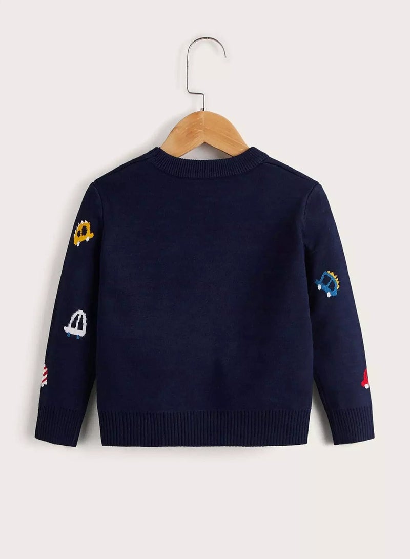 Toddler Boys Car Pattern Crew Neck Sweater - Image 2