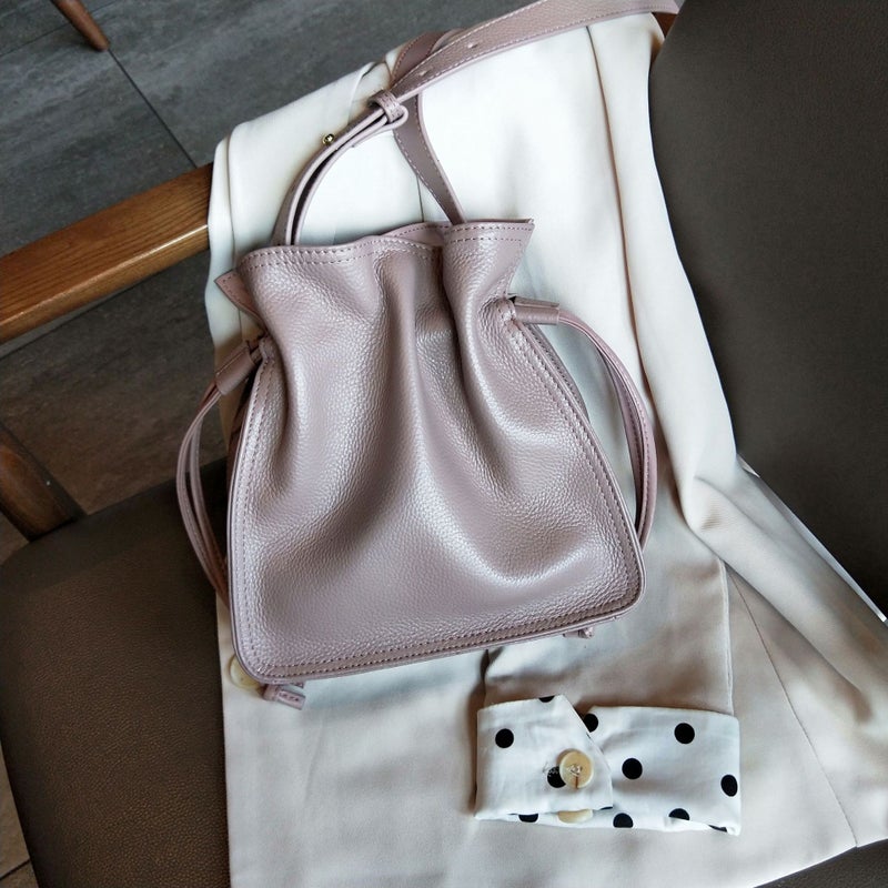 New Drawstring Bucket Bag Leather Womens Crossbody Lotus Pink 
