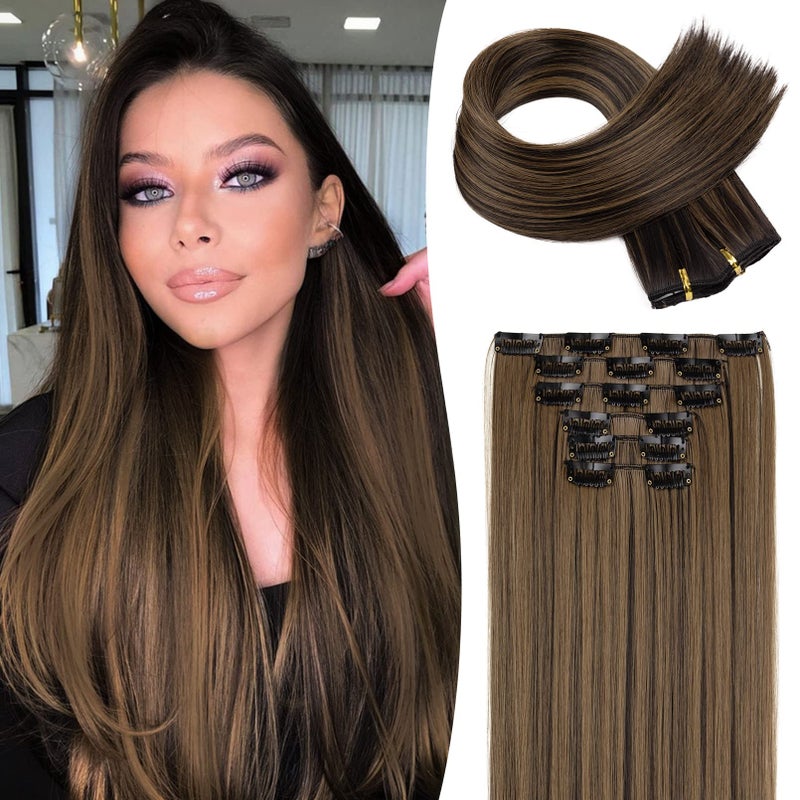 LONAI Clip in hair extensions 6PCS Straight 24 Hair Extensions for WomenHeat Resistant Synthetic HairpieceBlack Brown with Highlights