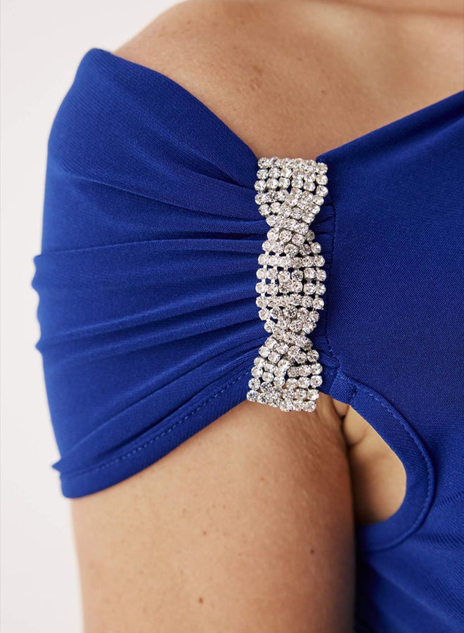 trendyol Saxe Body-fitting Stone Accessory Woven Long Elegant Evening Night Graduation Dress - Image 3