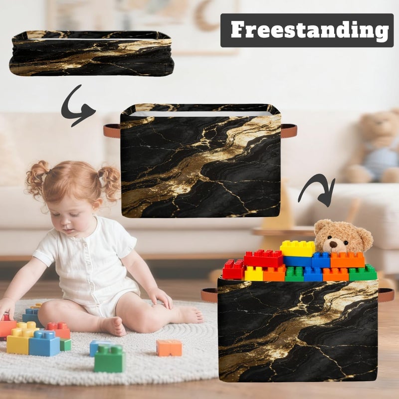 2 Pack Shiny Gold Marble Large Foldable Storage Basket 15" x 11" x 9.5", Sturdy Canvas Organizer Storage Bins for Shelves, Closet, Toys, Nursery, Office & Living Room with Reinforced Handles - Image 3