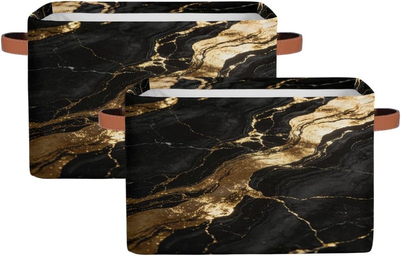 2 Pack Shiny Gold Marble Large Foldable Storage Basket 15" x 11" x 9.5", Sturdy Canvas Organizer Storage Bins for Shelves, Closet, Toys, Nursery, Office & Living Room with Reinforced Handles - Image 1