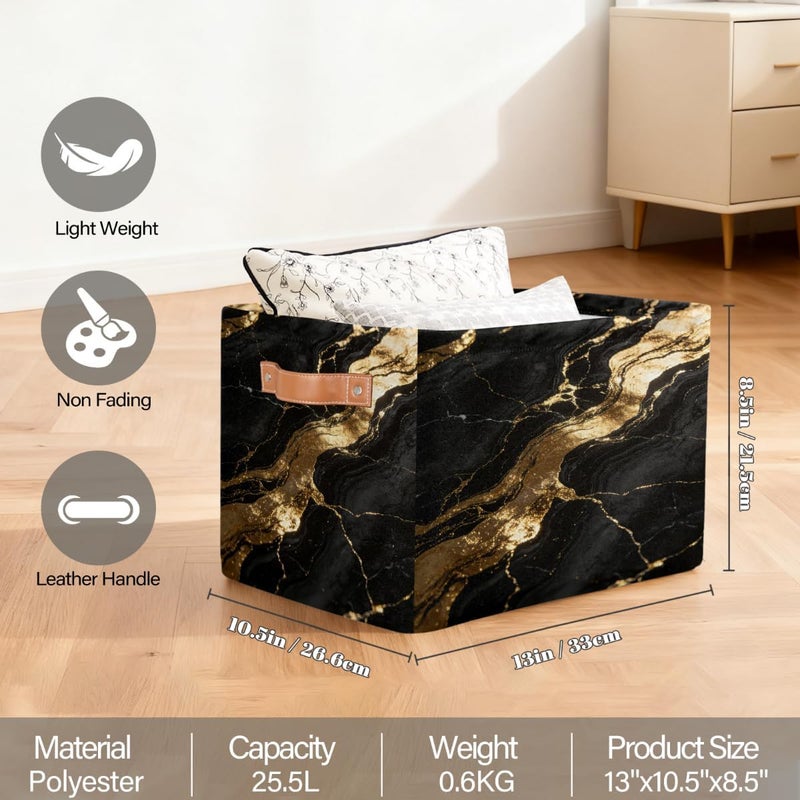 2 Pack Shiny Gold Marble Large Foldable Storage Basket 15" x 11" x 9.5", Sturdy Canvas Organizer Storage Bins for Shelves, Closet, Toys, Nursery, Office & Living Room with Reinforced Handles - Image 2