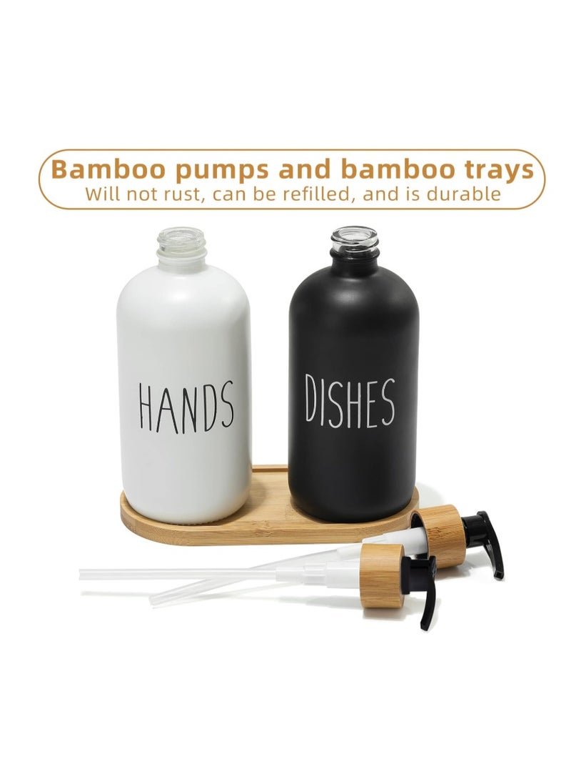 2 Pcs of Black/white of Soap Dispensers + Bamboo Wood Tray | Kitchen Sink Dish Soap and Bathroom Hand Wash Glass Bottles Set | Waterproof - Set of 2 (White/Blk/Bamboo Black) - Image 4