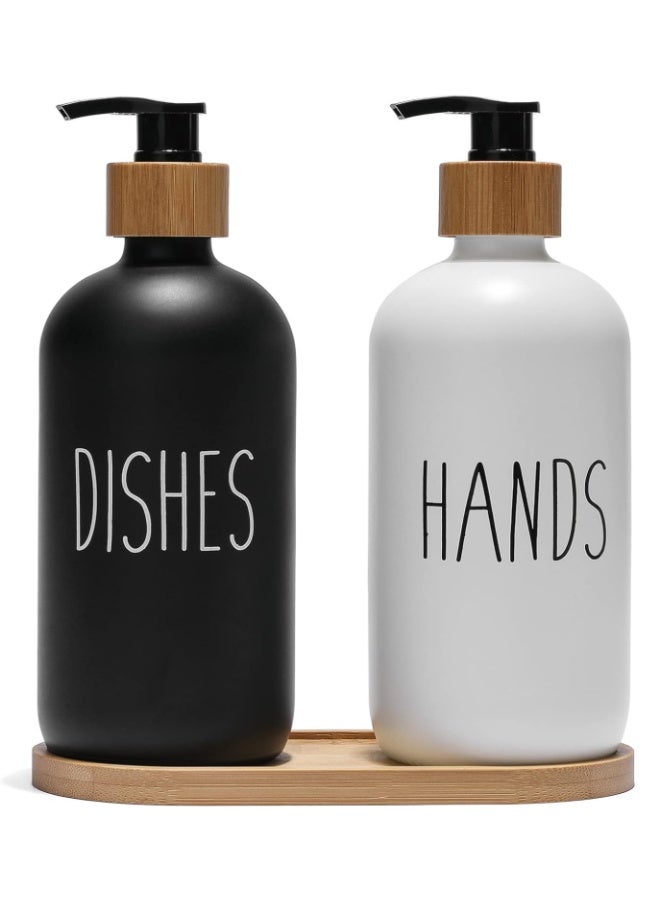 2 Pcs of Black/white of Soap Dispensers + Bamboo Wood Tray | Kitchen Sink Dish Soap and Bathroom Hand Wash Glass Bottles Set | Waterproof - Set of 2 (White/Blk/Bamboo Black) - Image 1