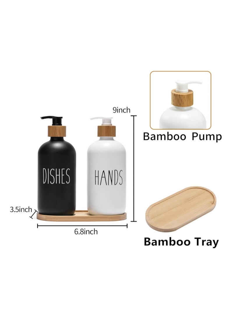 2 Pcs of Black/white of Soap Dispensers + Bamboo Wood Tray | Kitchen Sink Dish Soap and Bathroom Hand Wash Glass Bottles Set | Waterproof - Set of 2 (White/Blk/Bamboo Black) - Image 2