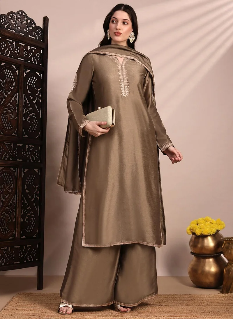 Globus Globus Women Taupe Long Sleeves Round Neck Sequinned & Zari Embroidery Work Kurta with Wide Leg Palazzos & Dupatta Festive Set