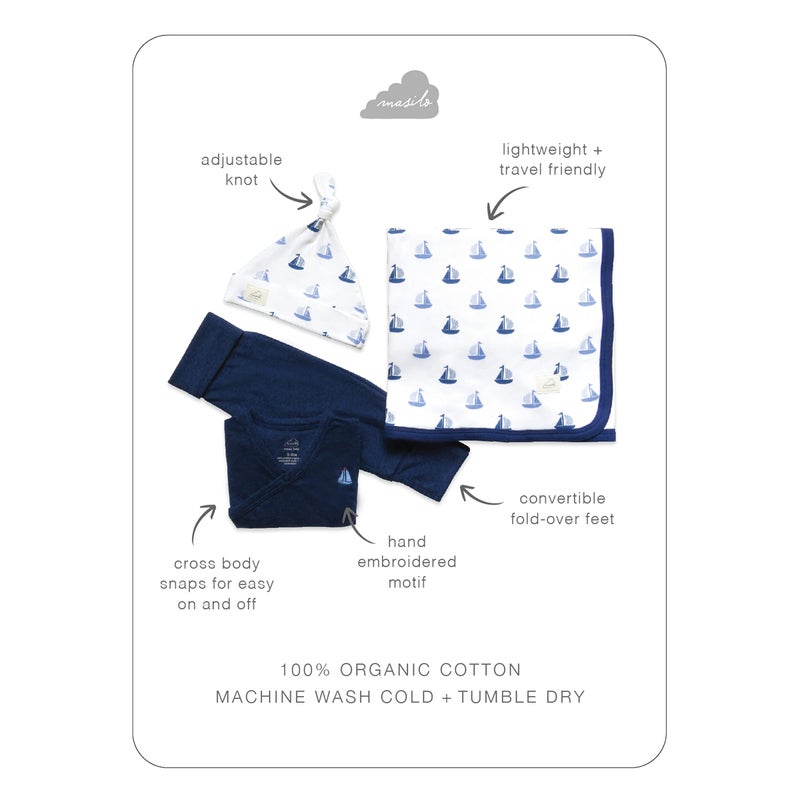 Masilo Masilo Organic Cotton Welcome Baby Bundle - Top/Pant/Top Knot Cap/Receiving Blanket/Unisex, 3-6 Months, Sailboat-Navy Blue - Image 2