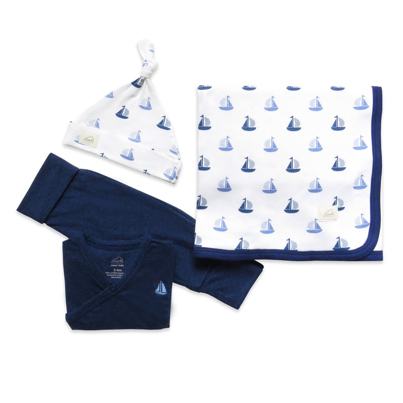 Masilo Masilo Organic Cotton Welcome Baby Bundle - Top/Pant/Top Knot Cap/Receiving Blanket/Unisex, 3-6 Months, Sailboat-Navy Blue - Image 1