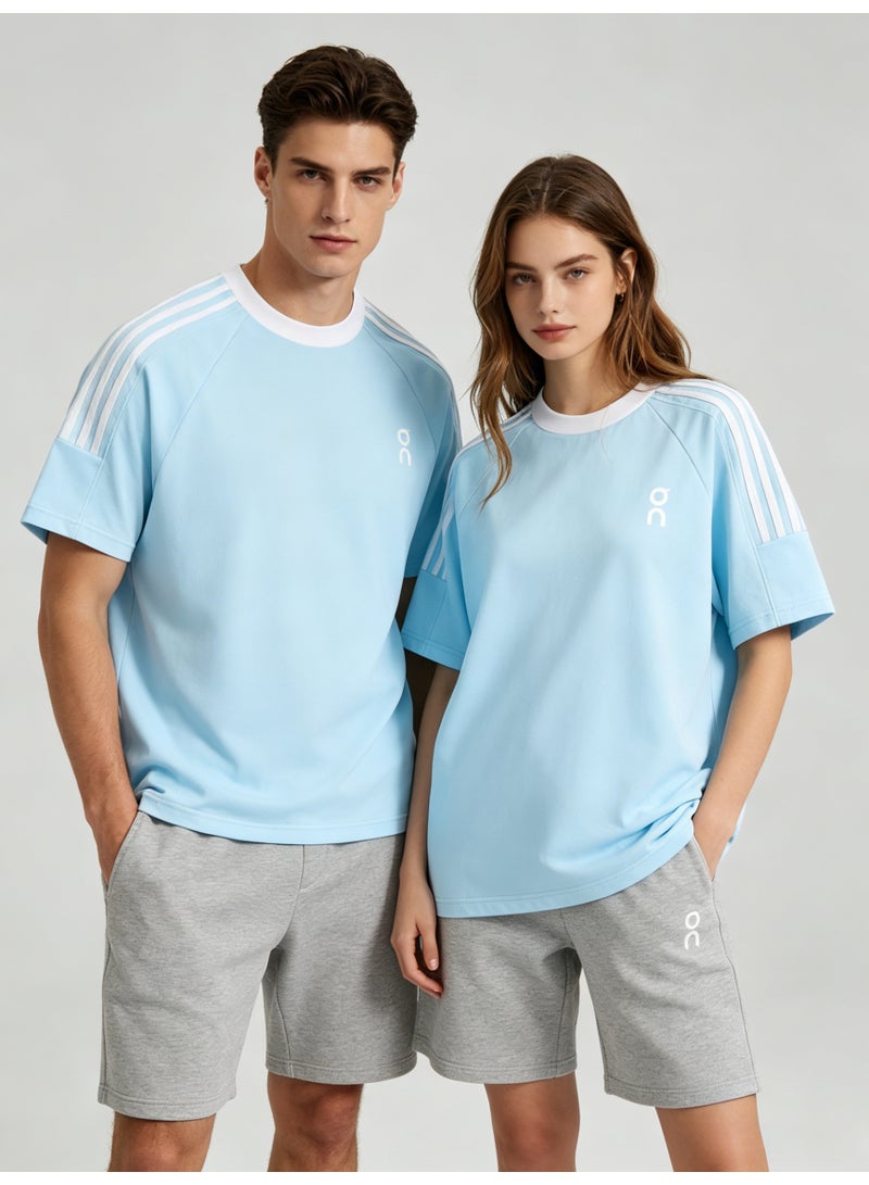 On Running Unisex Light Sky Blue Raglan 3 White Stripe White Trim Couple T-Shirt - Image 4
