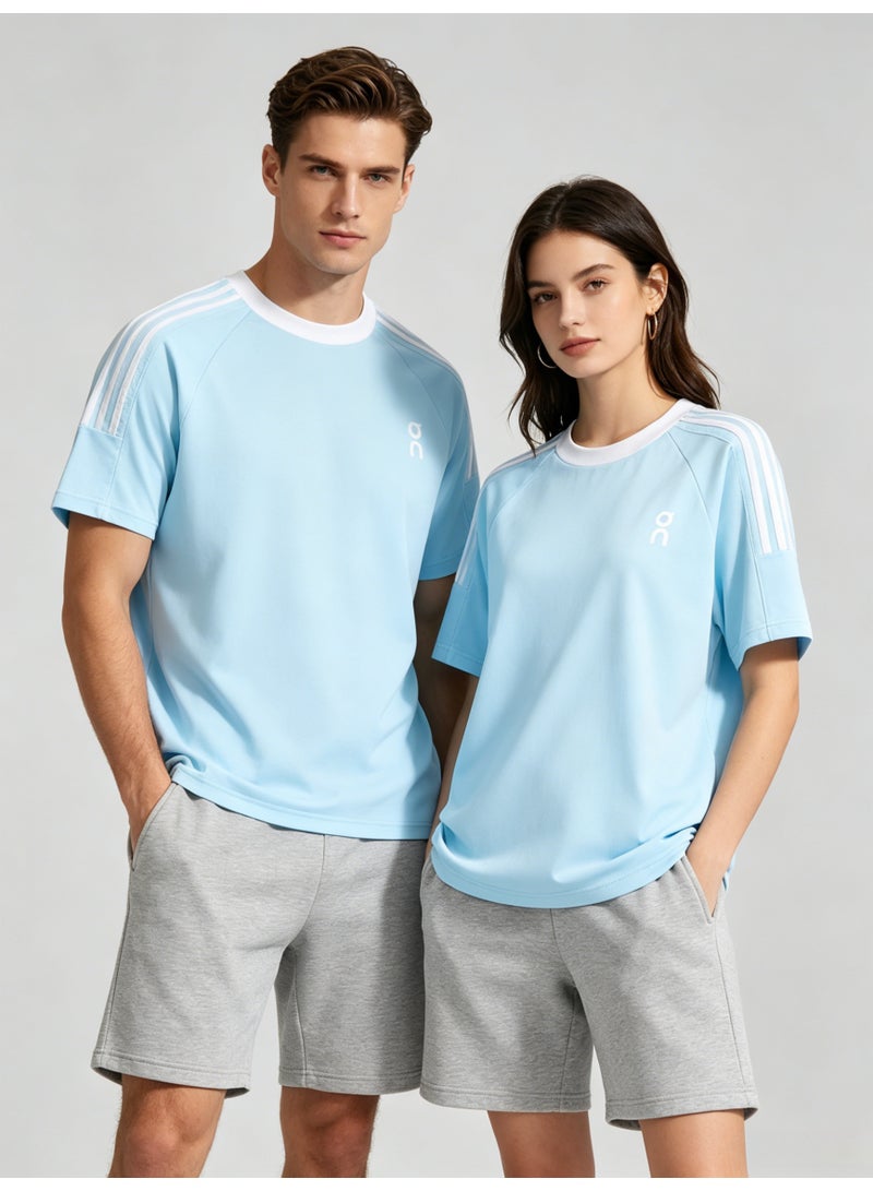 On Running Unisex Light Sky Blue Raglan 3 White Stripe White Trim Couple T-Shirt - Image 1