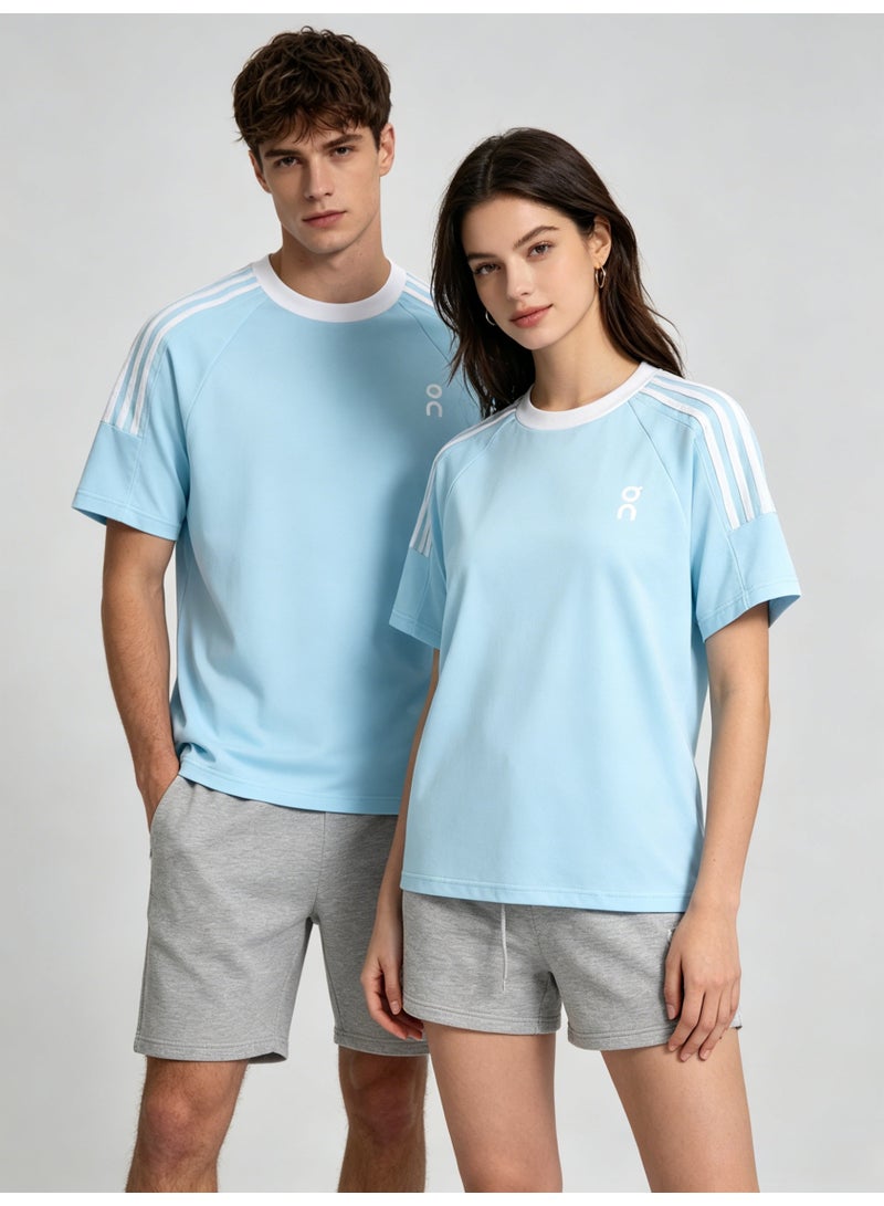 On Running Unisex Light Sky Blue Raglan 3 White Stripe White Trim Couple T-Shirt - Image 3