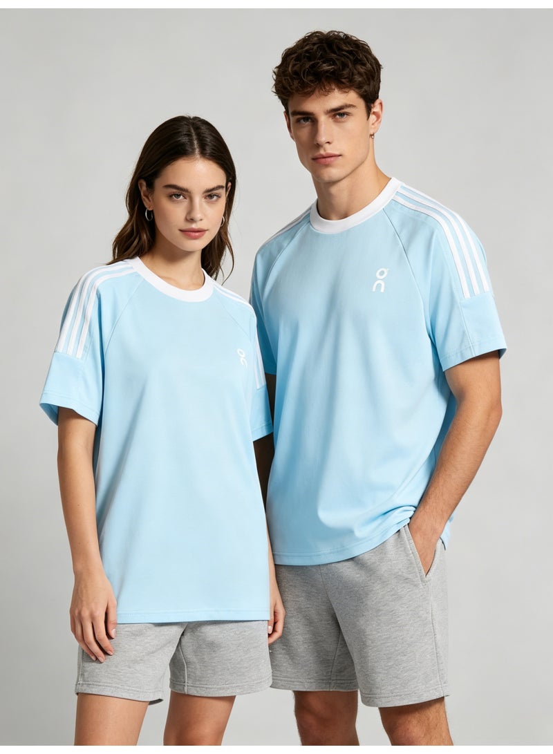 On Running Unisex Light Sky Blue Raglan 3 White Stripe White Trim Couple T-Shirt - Image 5