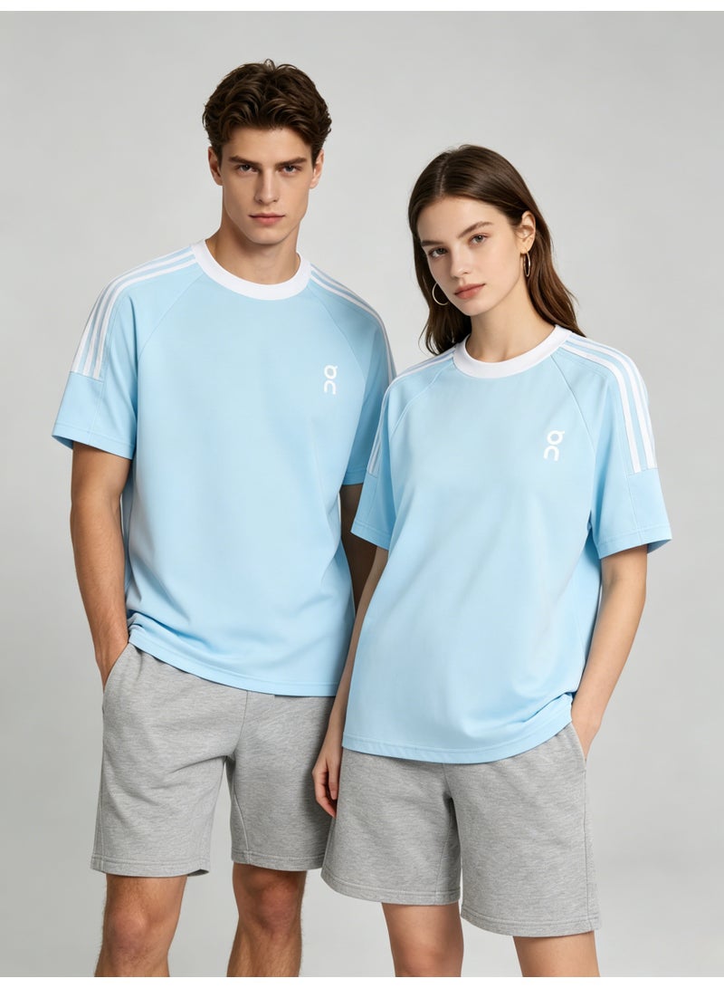 On Running Unisex Light Sky Blue Raglan 3 White Stripe White Trim Couple T-Shirt - Image 2