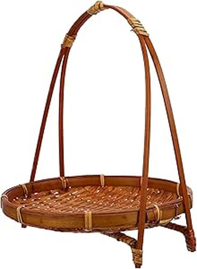 Dark Round Woven Snack Basket Tray Handmade Single Layer Food Storage Serving Stand - Image 1