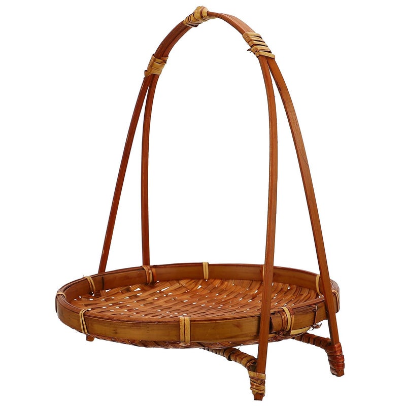 Dark Round Woven Snack Basket Tray Handmade Single Layer Food Storage Serving Stand - Image 2