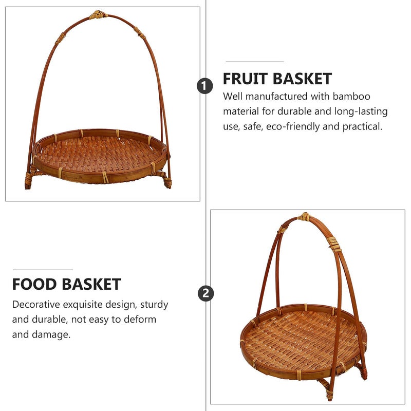 Dark Round Woven Snack Basket Tray Handmade Single Layer Food Storage Serving Stand - Image 4