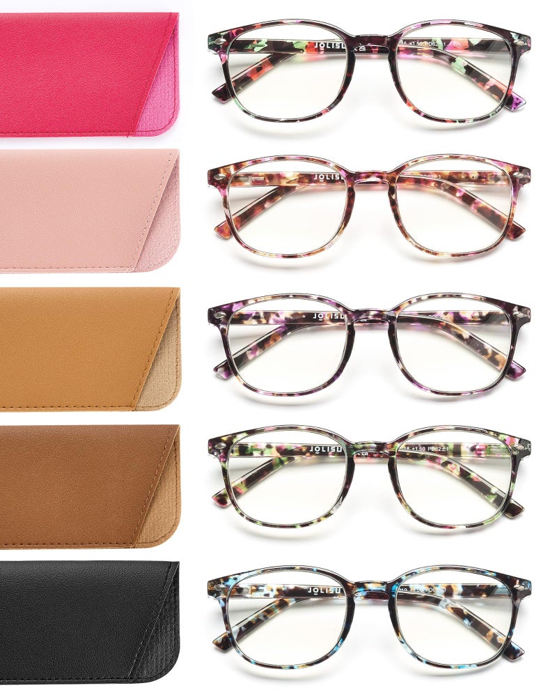 JOLISU 5 Pack Reading Glasses For Women,Blue Light Blocking Computer Reader Spring Hinge Eyeglasses (1.50) - Image 1