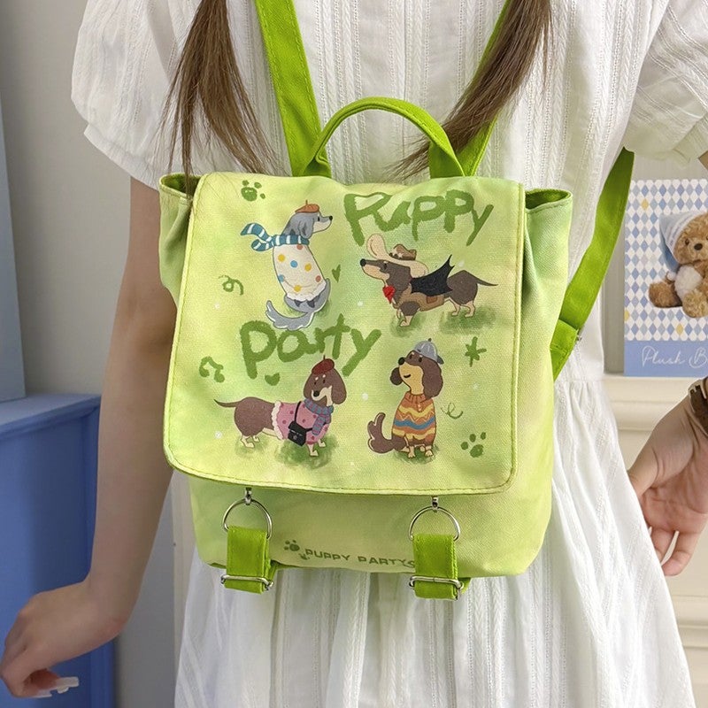 Cute Lightweight Canvas Backpack for School with Cartoon Dog and Cat Pattern - Image 2