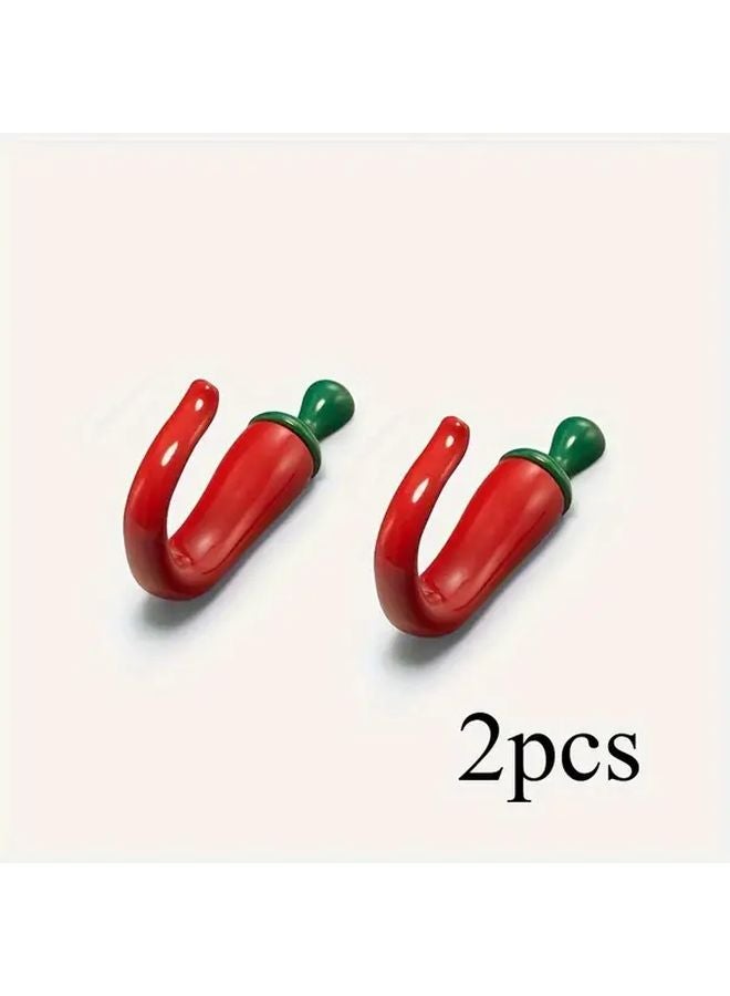 2pcs Red Pepper Shaped Wall Hooks Rust Resistant Metal Decorative Hooks Easy Wall Mounted - Image 3