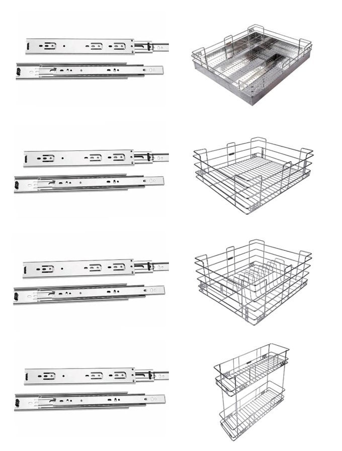 STAINLESS STEEL BASKET 4 PIECE 17X20X4 SHEET CUTLERY 17X20X6 PLAIN BASKET 17X20X8 THALI BASKET 1 PC PULLOUT 8X20X17 WITH 4 SET TELESCOPIC CHANNEL 20 INCH