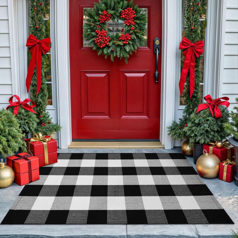 KOZYFLY Buffalo Plaid Area Rugs 275x43 Inches Black and White Checkered Rug Washable Front Door Mat Hand Woven Cotton Outdoor Rug Small Rug for Front Porch Kitchen Entryway Patio Bathroom