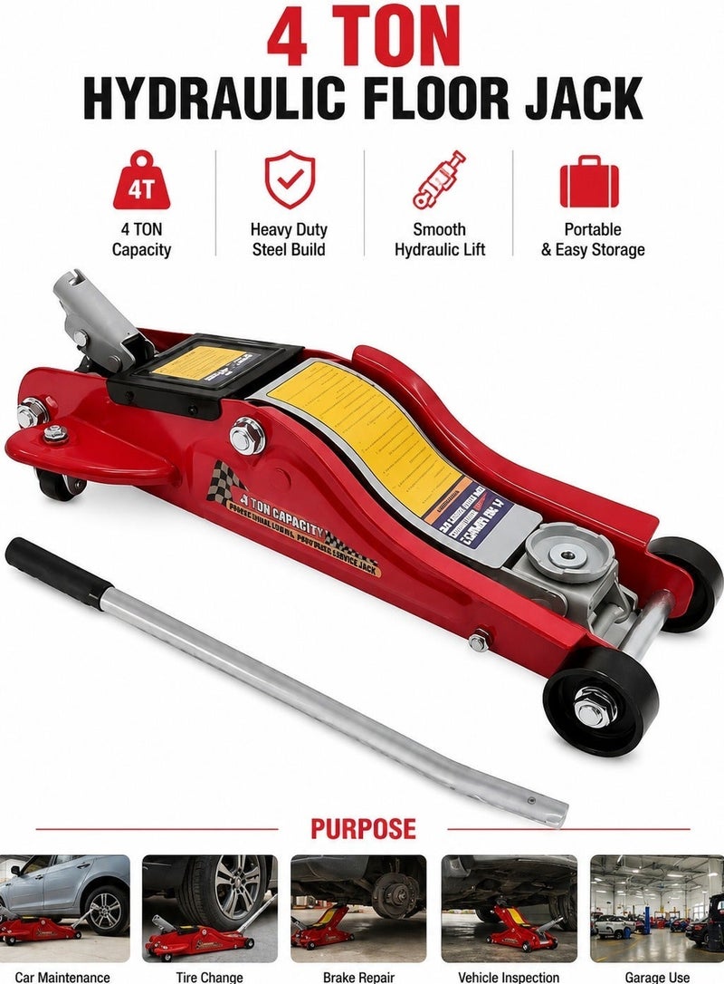 Agc 4 Ton Hydraulic Floor Jack Heavy Duty Low Profile Trolley Car Jack with Long Handle, Steel Garage Vehicle Lifting Jack, Portable Automotive Repair Maintenance Tool with Wheels & Carry Storage Case - Image 3