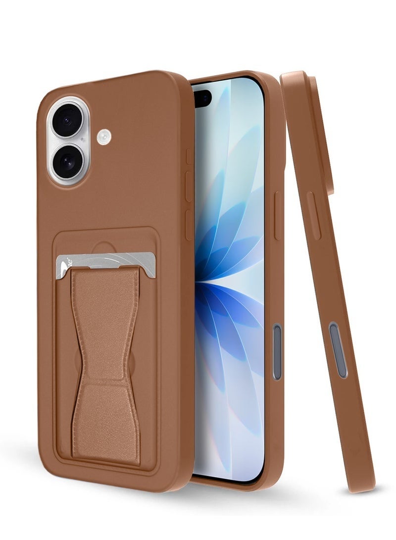 MUDISO iPhone 17 5G 2025 Silicone TPU Card Holder Case | Shockproof Slim Wallet Phone Cover with Hand Grip Stand, Durable Protective Back Pocket Holder (MCHPSN) – Brown - Image 1