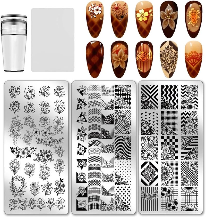 PH PandaHall 3pcs Flower Plaid Nail Stamping Plate Floral Geometric Nail Art Templates Plant Stencils Stainless Steel Image Plates Tool for Women Print Manicures Salon Design Supplies