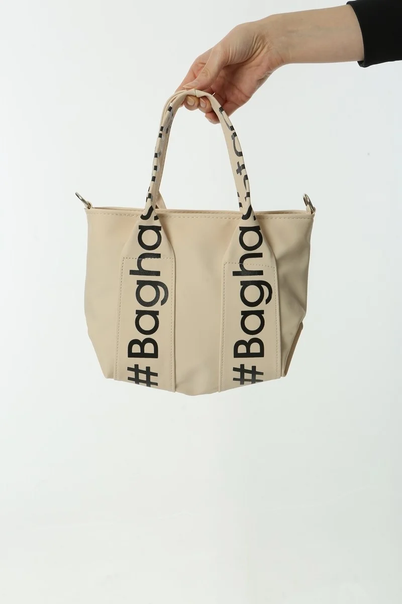 باجهاشتاج Cream Mini Waterproof Handle Written Tote Bag