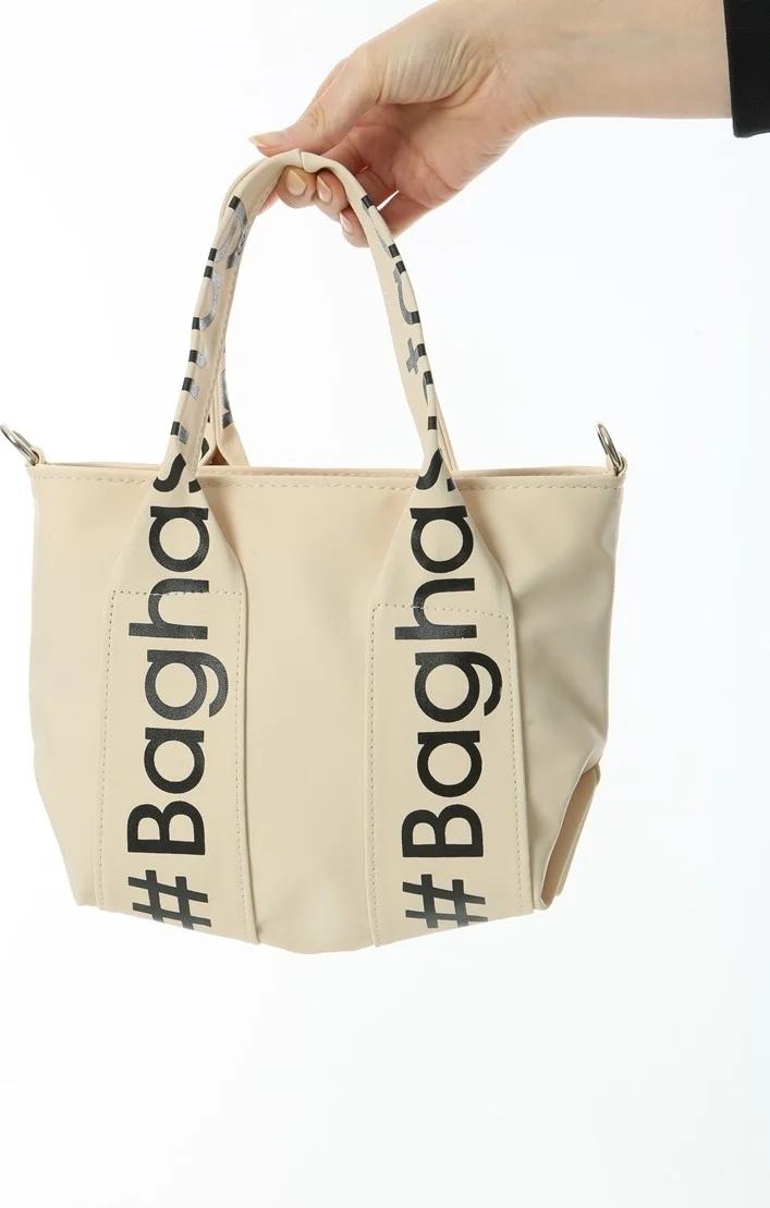 باجهاشتاج Cream Mini Waterproof Handle Written Tote Bag