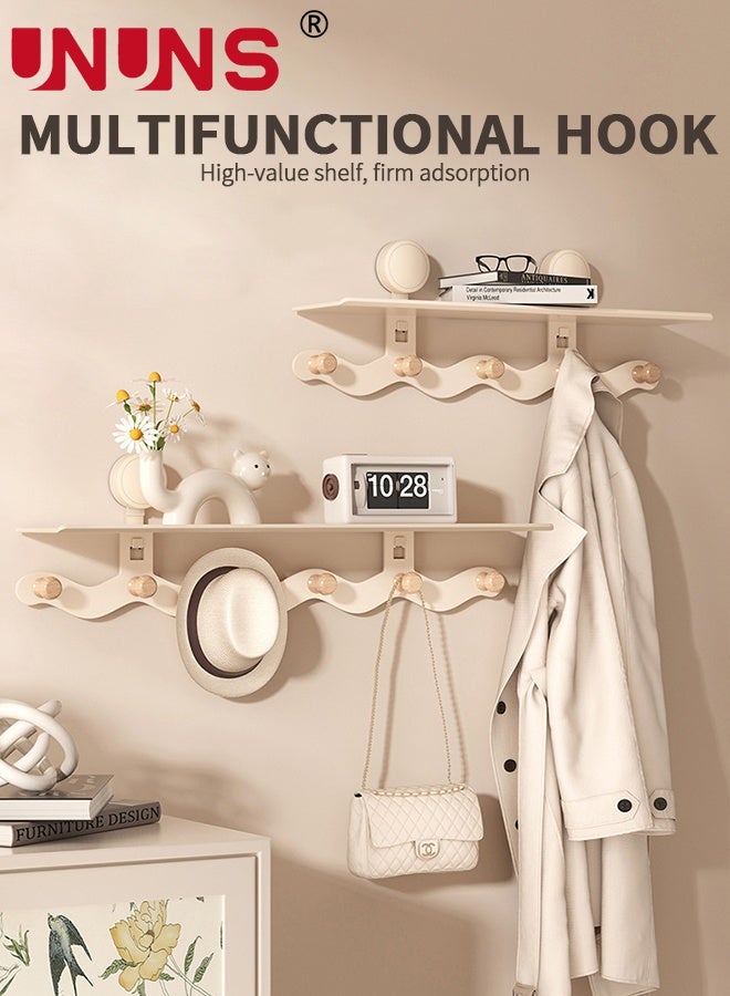 UNUNS Wall Hooks With Shelf,Clothes Hanger with Two Suctions, Wall Mounted Coat Backpack Key Hanger,Wall Floating Rack Hanging in Entryway,Living Room,Bathroom,Bedroom,Kitchen,White - Image 2