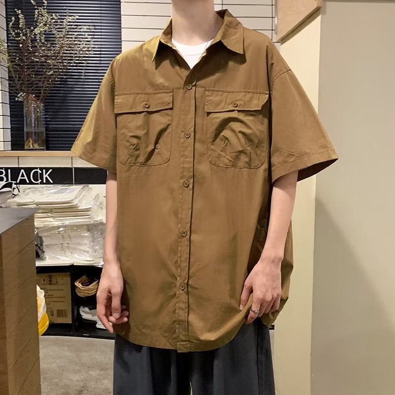 Workwear Short-sleeved Shirt Mens Summer New Japanese Retro High Street Trendy Brand Half-sleeved Shirt Loose Casual Jacket D.Brown  - Image 1