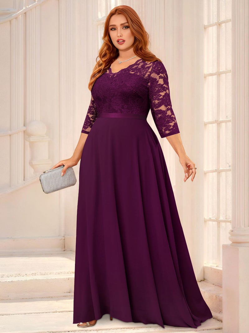 Miusol Women's Formal Floral Lace V Neck Plus Size Bridesmaid Party Maxi Dress - Image 3