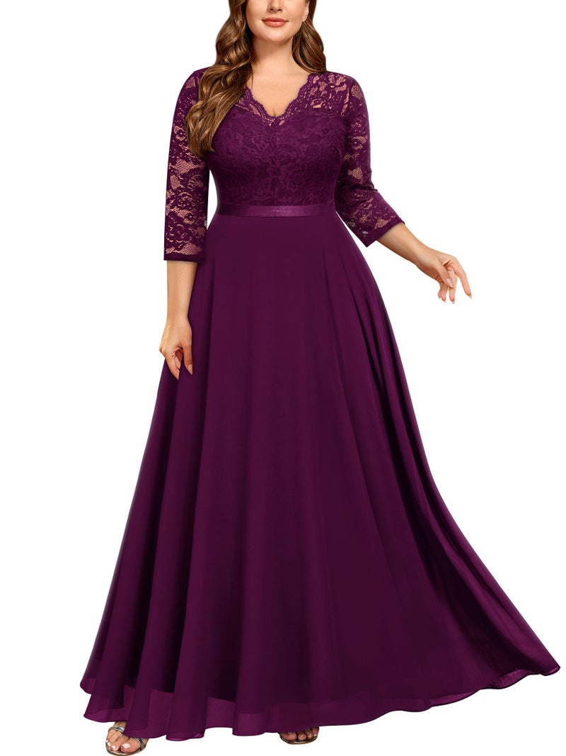 Miusol Women's Formal Floral Lace V Neck Plus Size Bridesmaid Party Maxi Dress - Image 1