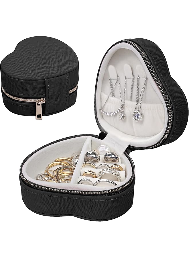 The Bros Small Heart Jewelry Organizer for Girls Birthday Gift Pu Leather Travel Case for Rings Earrings Necklaces Organizing Portable Mini Jewelry Box for Women (Black) - Image 1